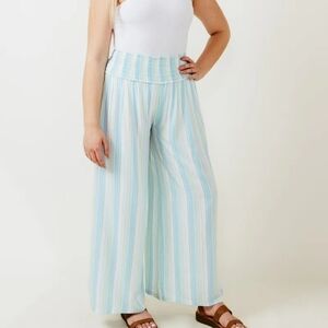 Simply Southern Light Blue, Green, and White Striped Palazzo Pants